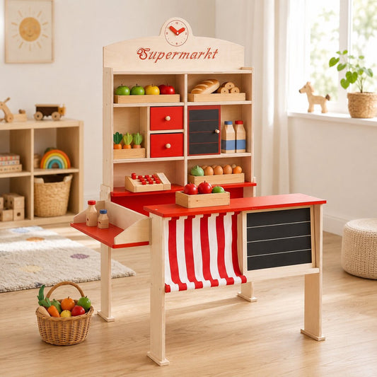 Houten speelgoedwinkel met krijtbord